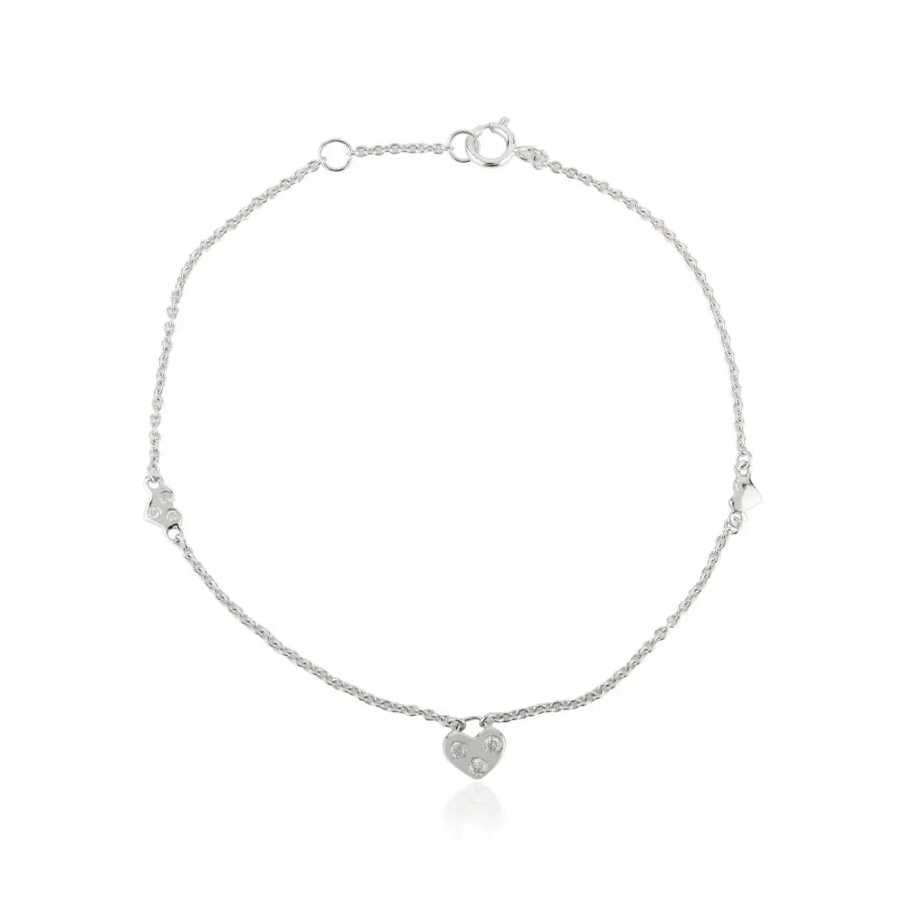 Delicate Natural Diamond Heart Charm Bracelet Everyday Jewelry Solid K14 White Gold