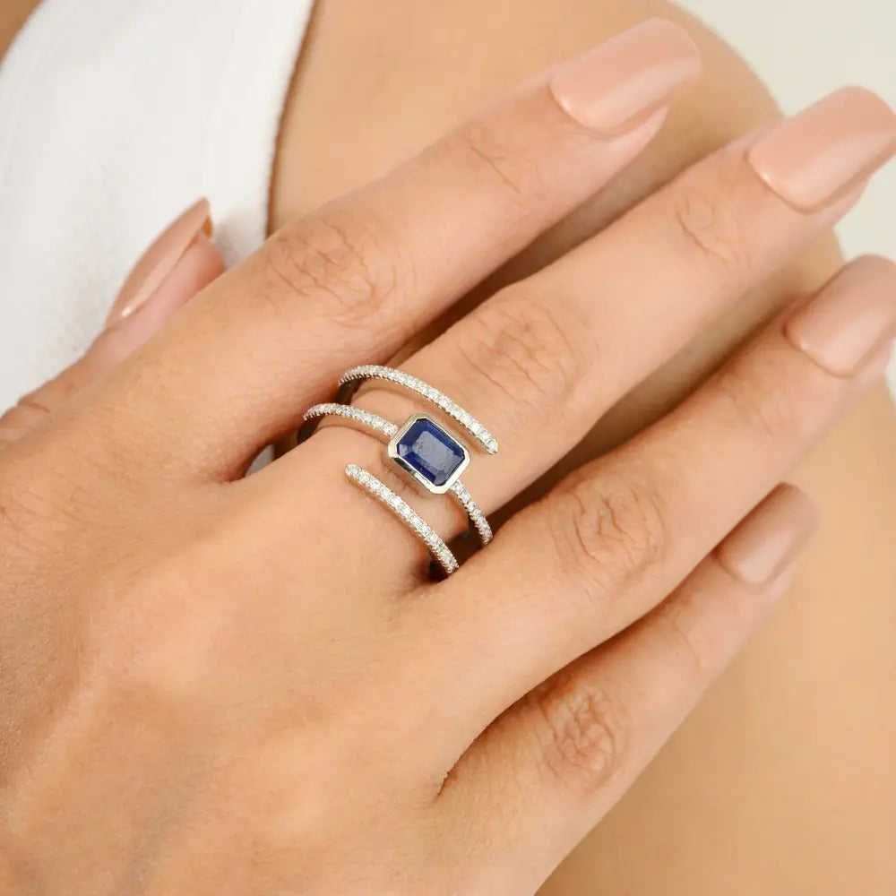 Designer Natural Blue Sapphire & Diamond Wrap Spiral Ring For Wedding Statement Jewelry
