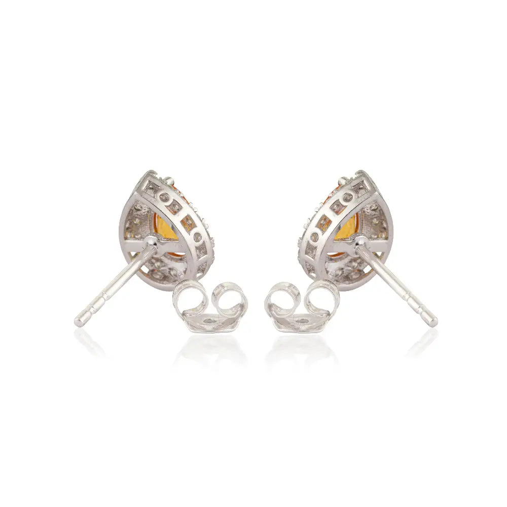 Solid K14 White Gold Yellow Sapphire & Diamond Fine Halo Stud Earrings Handmade Jewelry