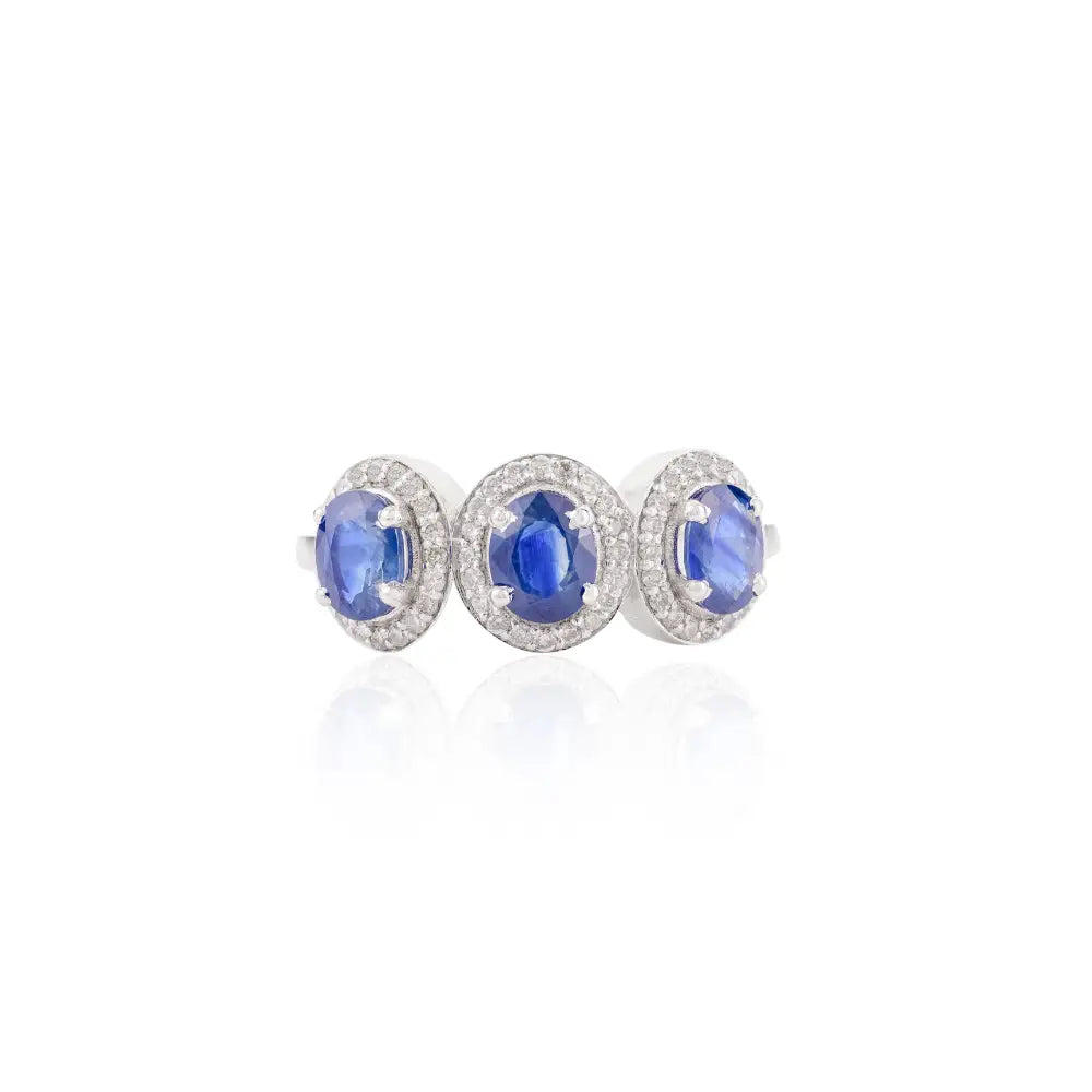 September Birthstone Genuine Blue Sapphire & Diamond Three Stone Ring Wedding Jewelry