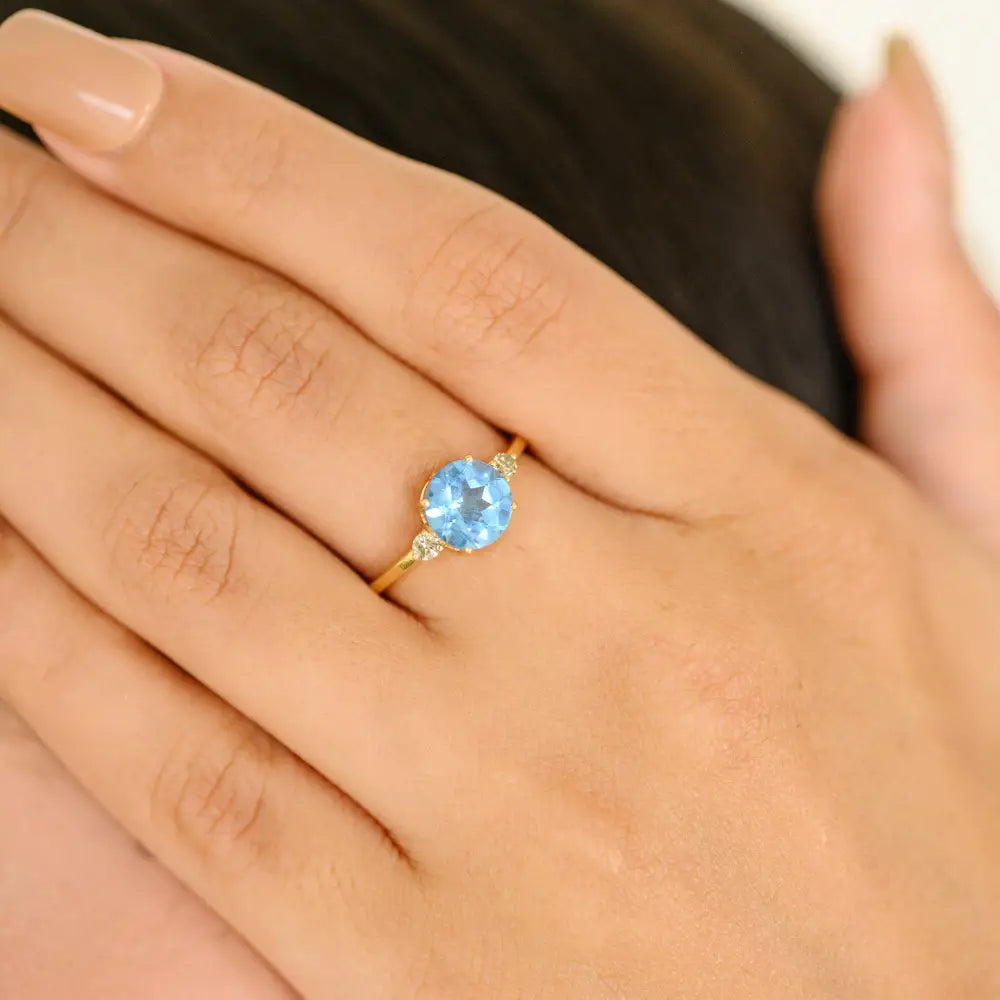 Round Blue Topaz & Diamond Ring Earrings & Pendant 3 Pcs Jewelry Set For Women Gift
