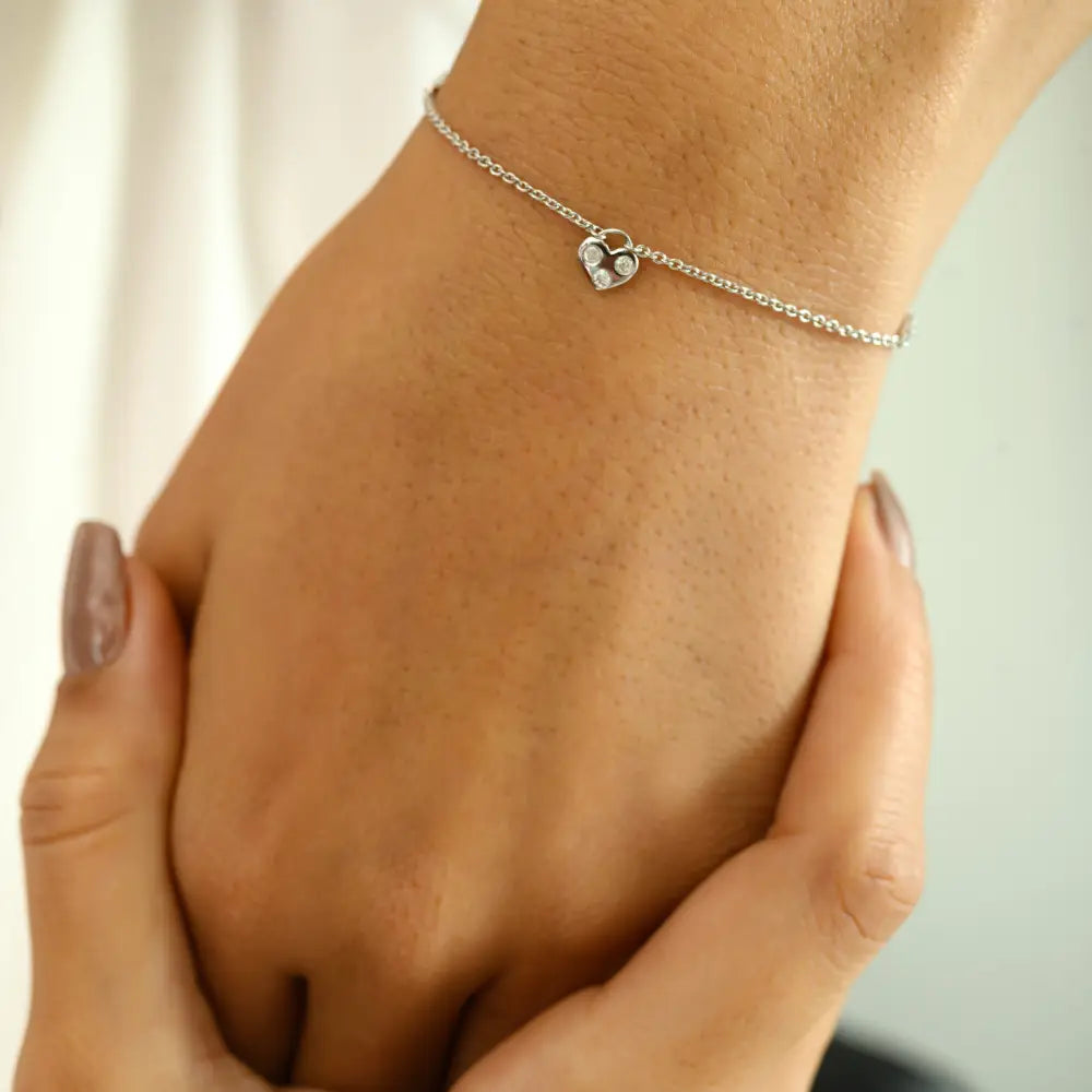 Delicate Natural Diamond Heart Charm Bracelet Everyday Jewelry Solid K14 White Gold