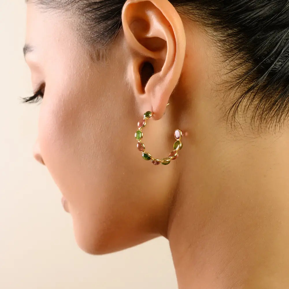 Elegant Jewelry Natural Round Cut Multi Tourmaline C Hoop Earrings 18K Yellow Gold