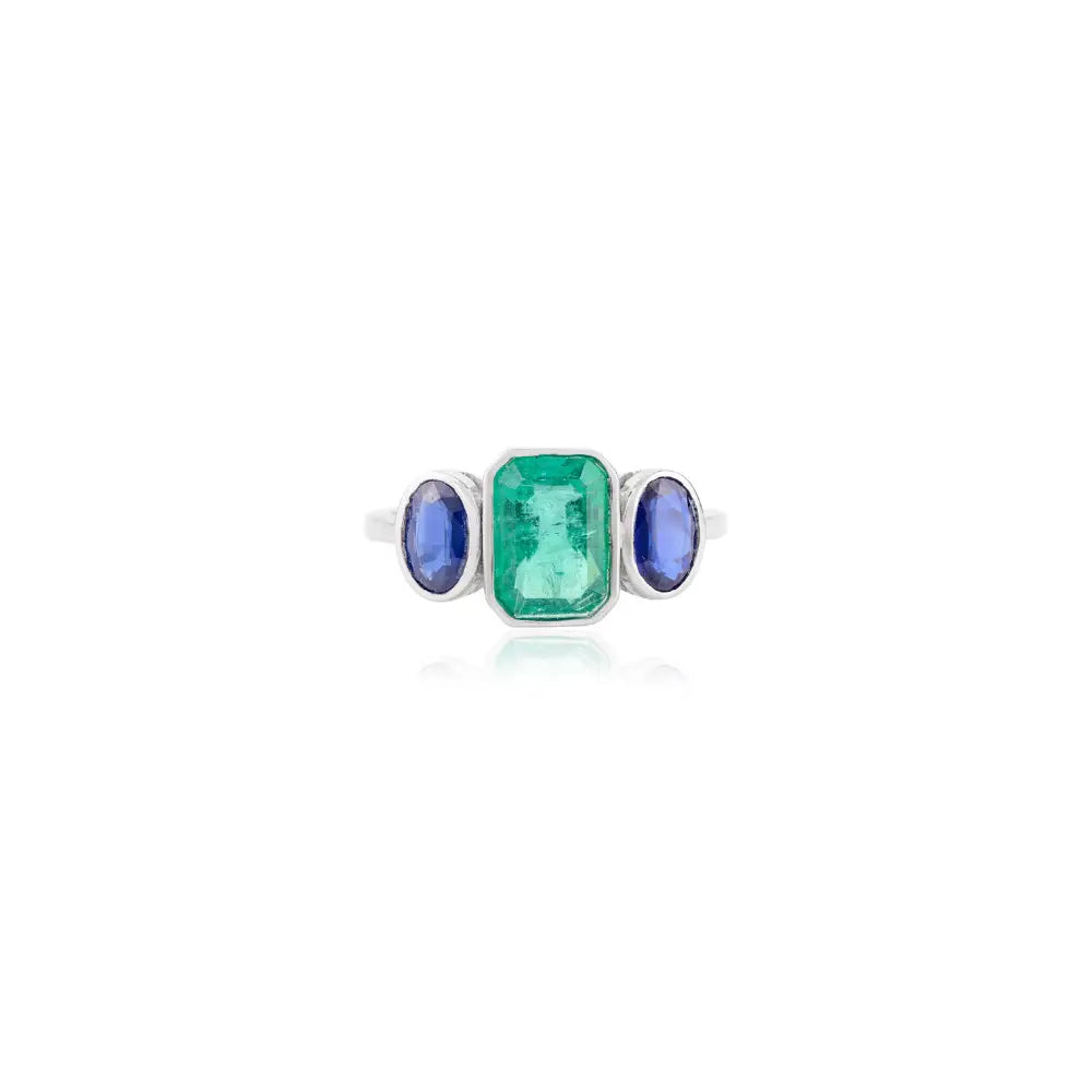 Genuine Blue Sapphire & Emerald Three Stone Ring For Unisex Birthstone Jewelry 14K Gold