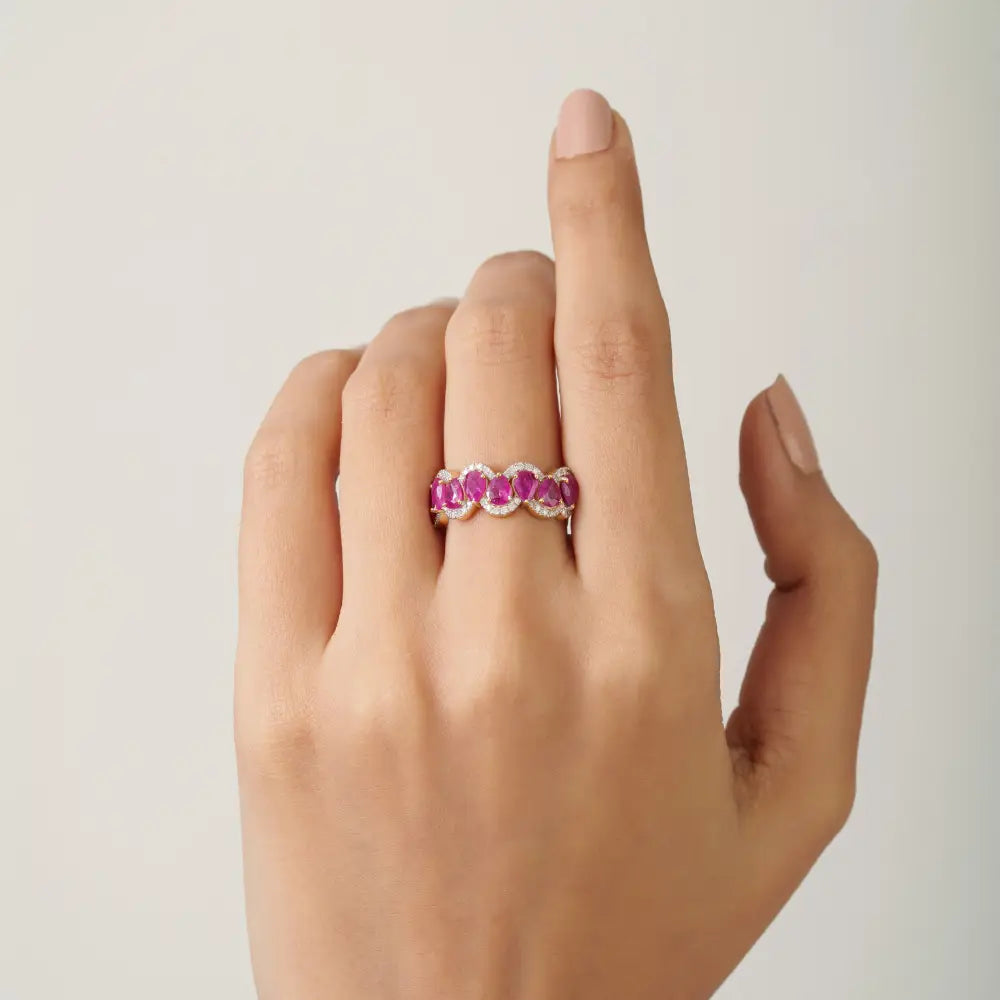 Wave Design Half Eternity Band Ring Featuring Real Ruby & Diamond 14K Solid Gold Jewelry