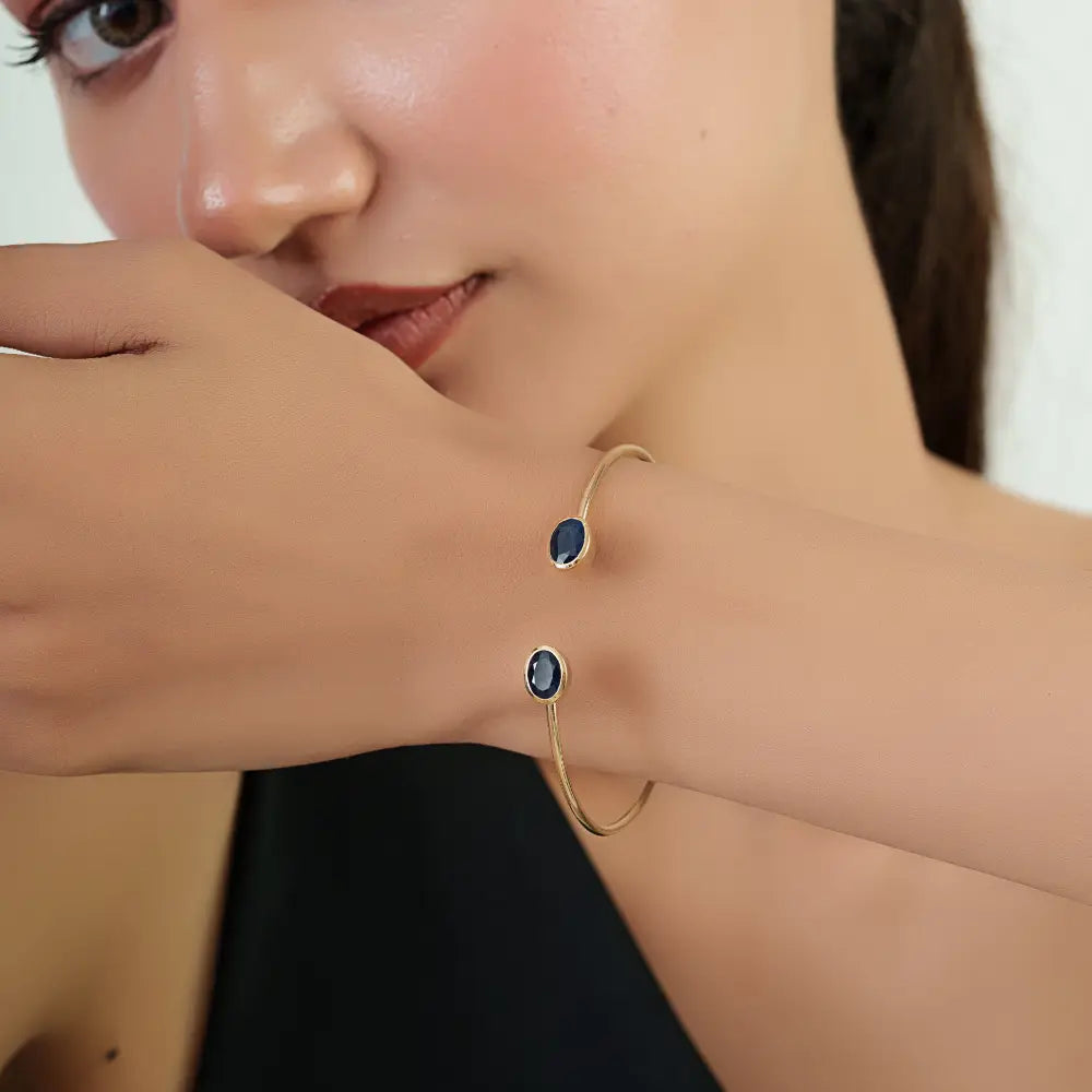 Elegant Design 14K Yellow Gold Blue Sapphire Stacking Cuff Bangle Precious Bulk Jewelry
