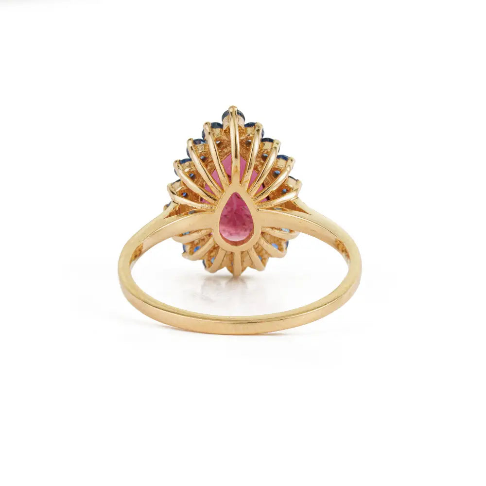Rubellite & Blue Sapphire K18 Solid Yellow Gold Pear Shape Cluster Ring Bulk Order Jewelry