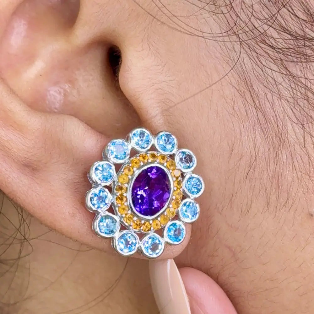 Handmade Multi Gemstone Round Statement Stud Earrings For Weddings Rhodium Plated Jewelry