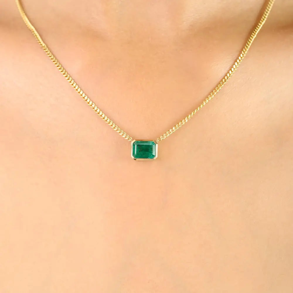 Bezel Setting Emerald Cuban Chain Single Stone Pendant Necklace Solid K14 Yellow Gold