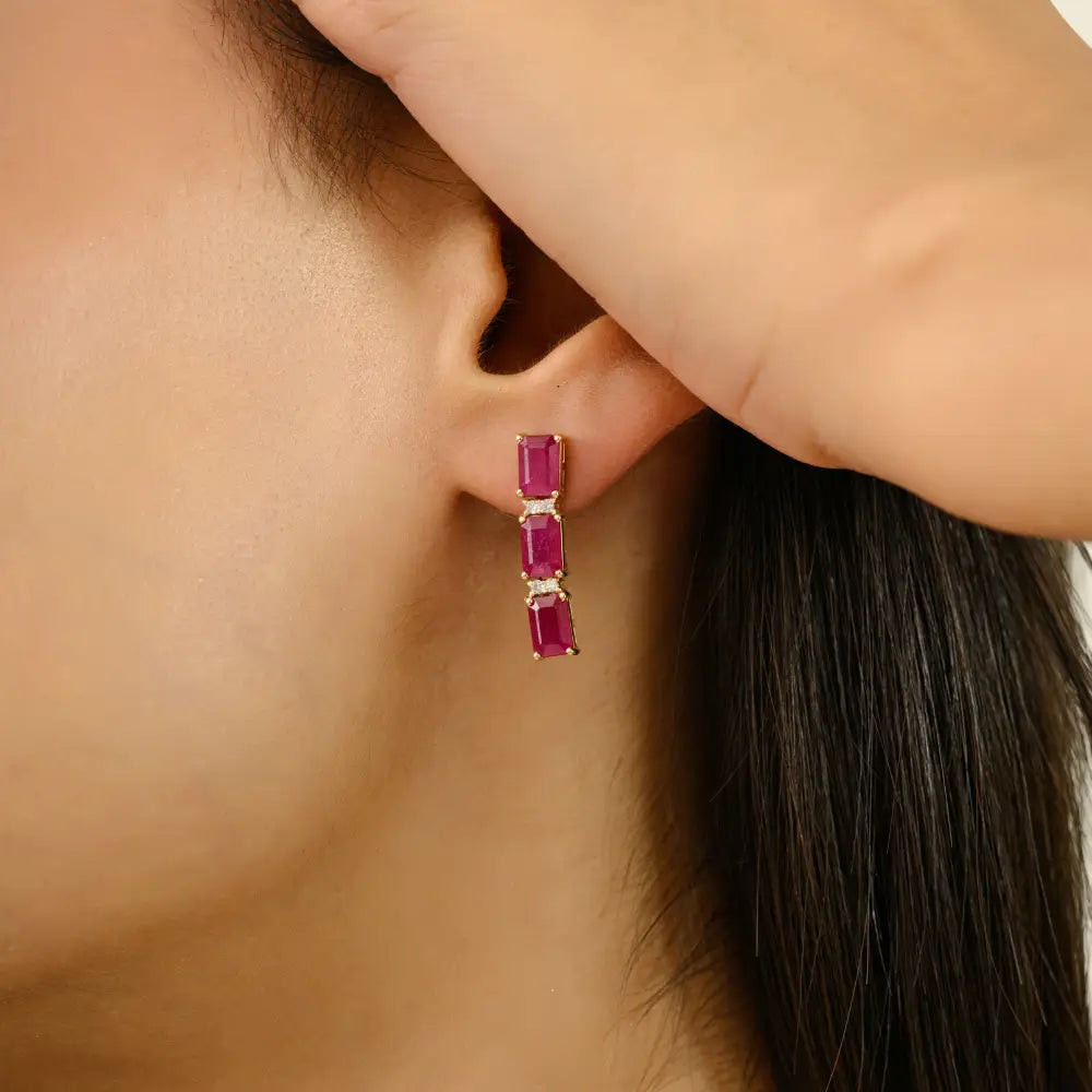 100% Authentic Ruby & Diamond 14K Yellow Gold Dangle Earrings Wedding Jewelry For Women
