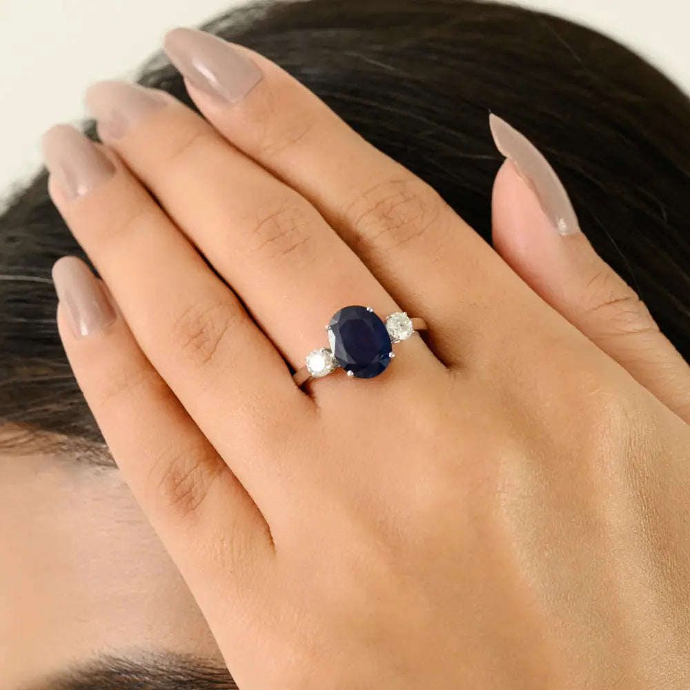 Pure 14K White Gold Blue Sapphire & Diamond Prong Setting Three Stone Ring Wedding Jewelry