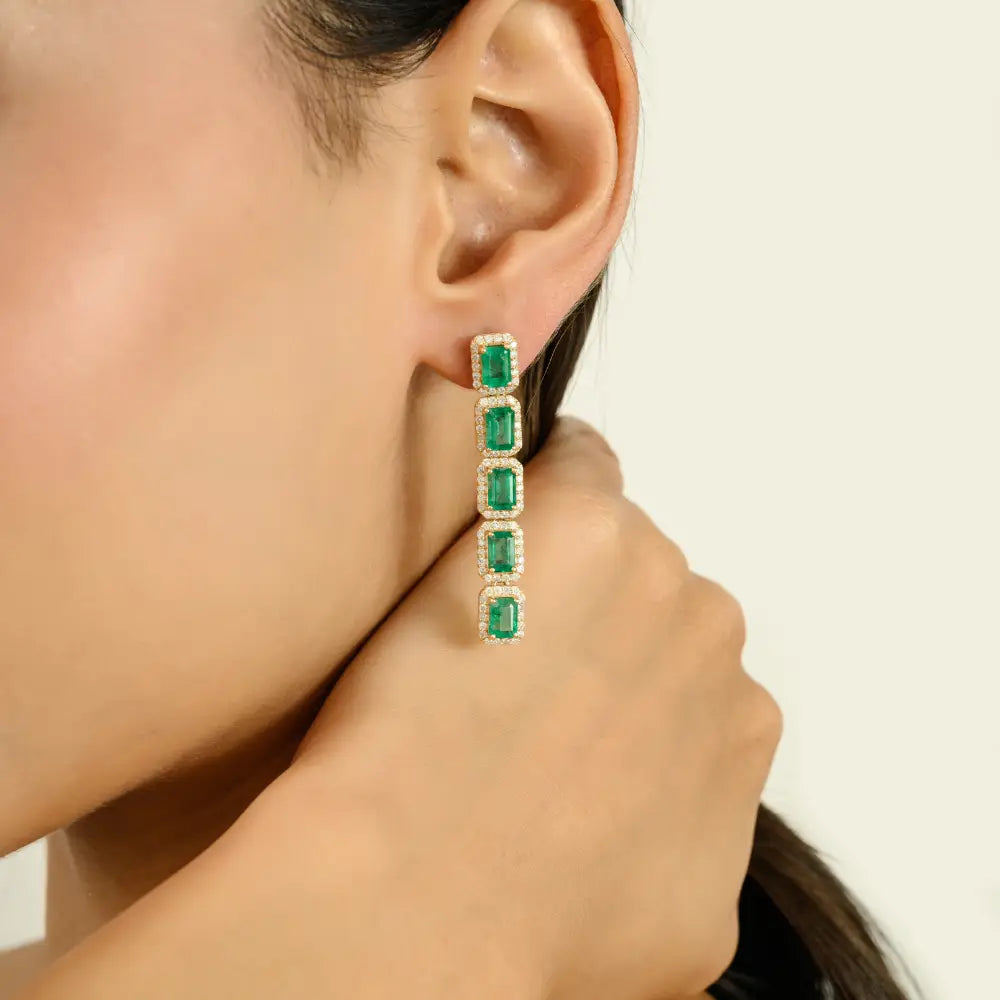 New Trendy Genuine Emerald & Diamond Long Dangle Earrings 14K Gold Luxury Jewelry