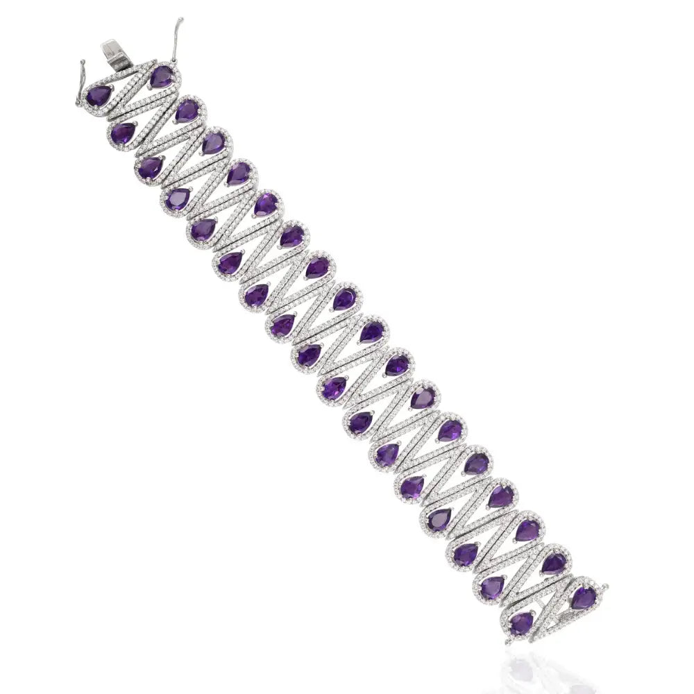 Genuine Amethyst & American Diamond Sterling Silver Bold Wedding Bracelet Febuary Birthstone Jewelry