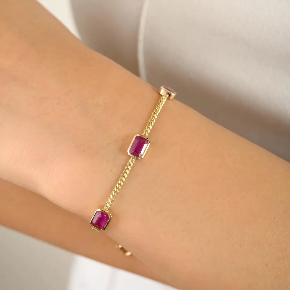 Fine Trending 100% Genuine Ruby Station Cuban Chain Bracelet For Women 14K Yellow Gold