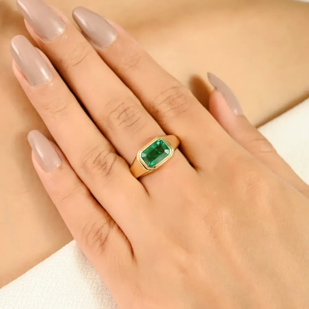 Bezel Set Zambian Emerald Trending East West Signet Ring 14K Real Yellow Gold Fine Jewelry