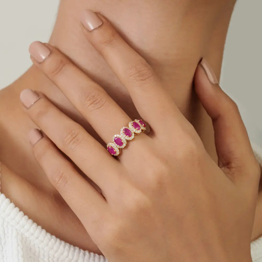 Hot Sale Ruby & Diamond Halo Five Stone Ring Handmade Trading 14K Solid Yellow Gold Jewelry