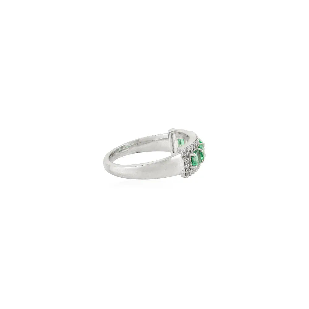 Natural Emerald & Diamond Five Stone Ring In 14K Solid White Gold Engagement Jewelry