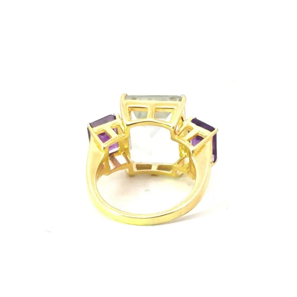 Exclusive Jewelry Handmade Green & Purple Amethyst 925 Silver Yellow Gold Plated Three Stone Ring