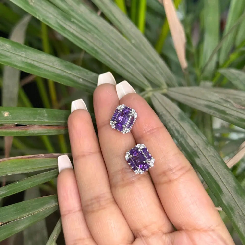 Stunning Elegant & Classic Amethyst & American Diamond Simple Stud Earrings Valentine's Day Gift