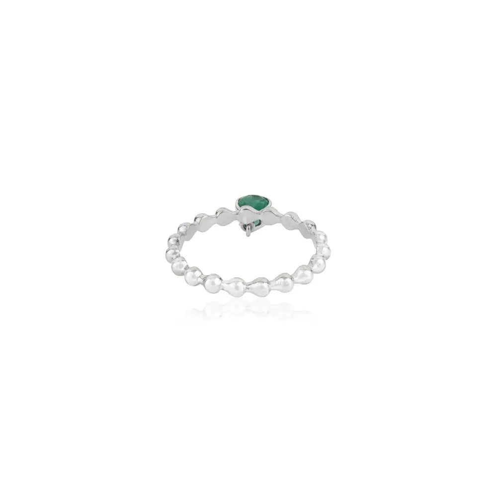 Pear Shape Emerald 14K Real White Gold Beaded Band Charm Ring Stackable Jewelry
