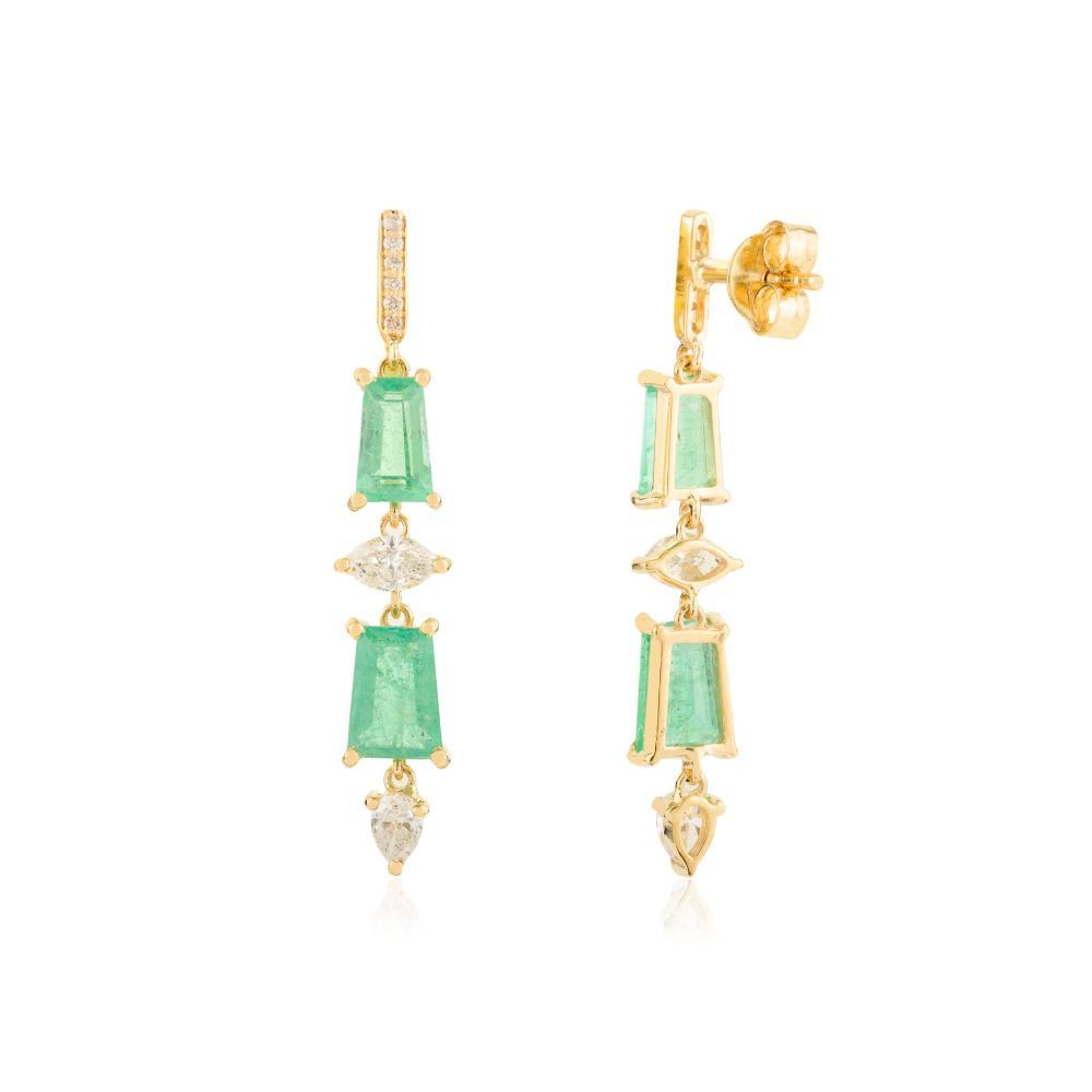 Wholesale Natural Emerald & Diamond 18K Yellow Gold Dangle Earrings High Grade Jewelry