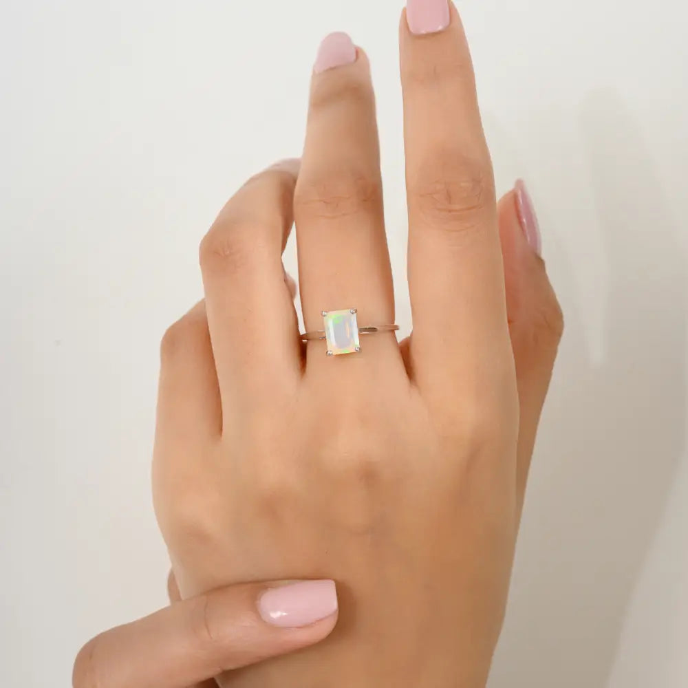 Solid 14K White Gold Octagon Cut Opal Single Stone Ring For Unisex October Birthstone