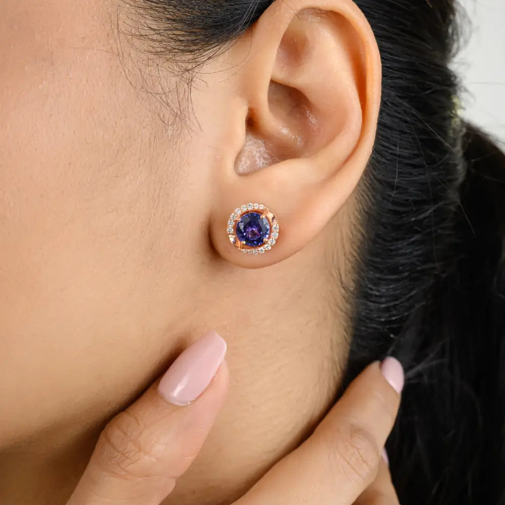 Explore Elegant & Classic Round Cut Tanzanite & Diamond Stud Earrings 18K Rose Gold