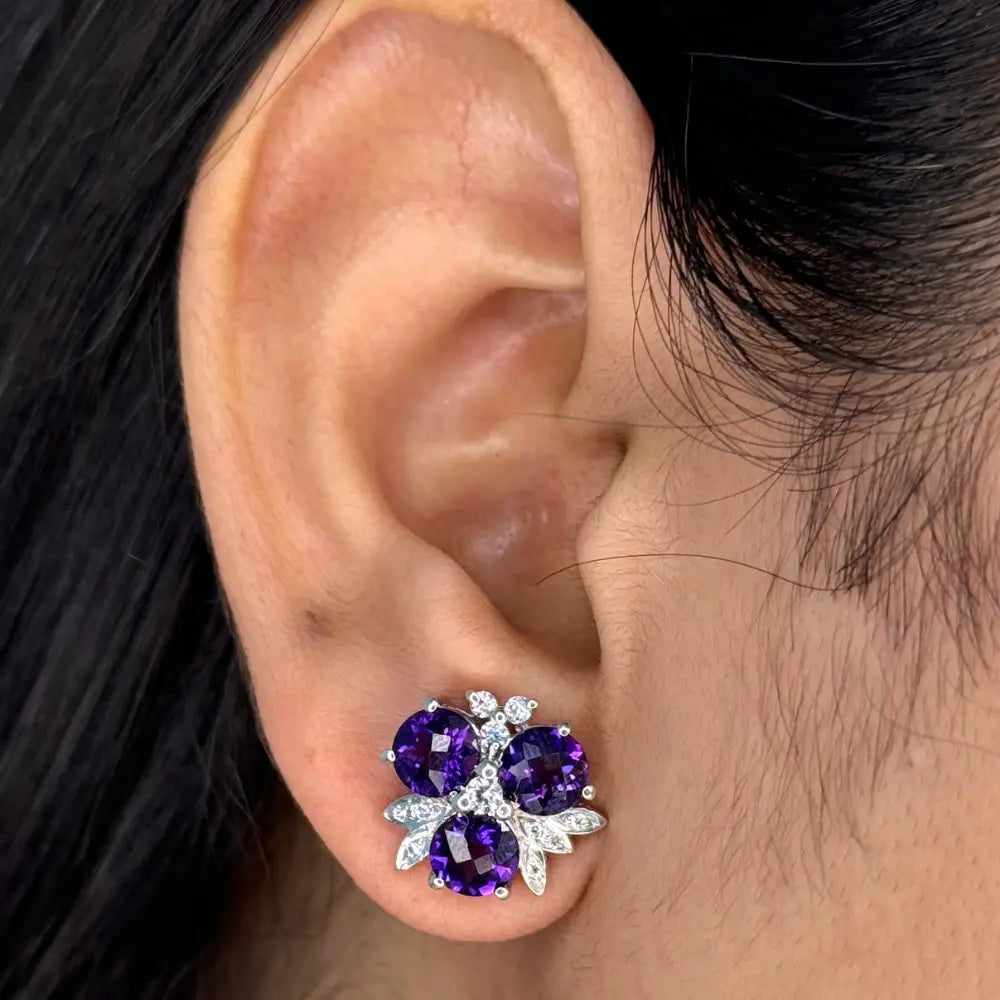 Febuary Birthstone Real Amethyst & American Diamond Minimal Stud Earrings For Daily Wear