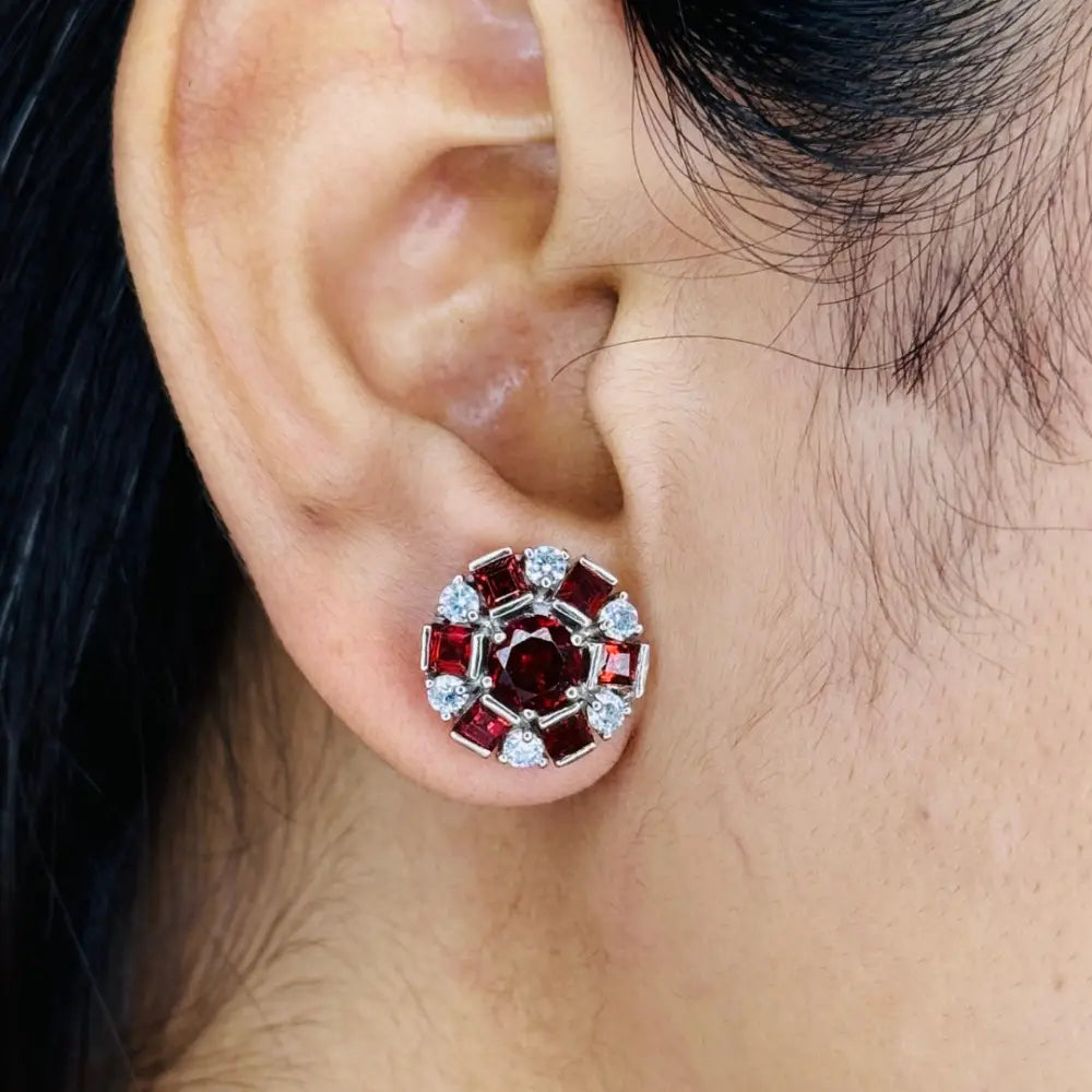 Handmade Genuine Garnet & American Diamond Minimal Round Stud Earrings Anniversary Gift