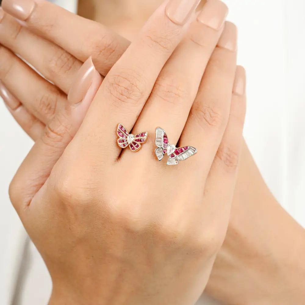 Unique Latest Design Ruby & Diamond 18K Rose Gold Twin Butterfly Open Ring For Party
