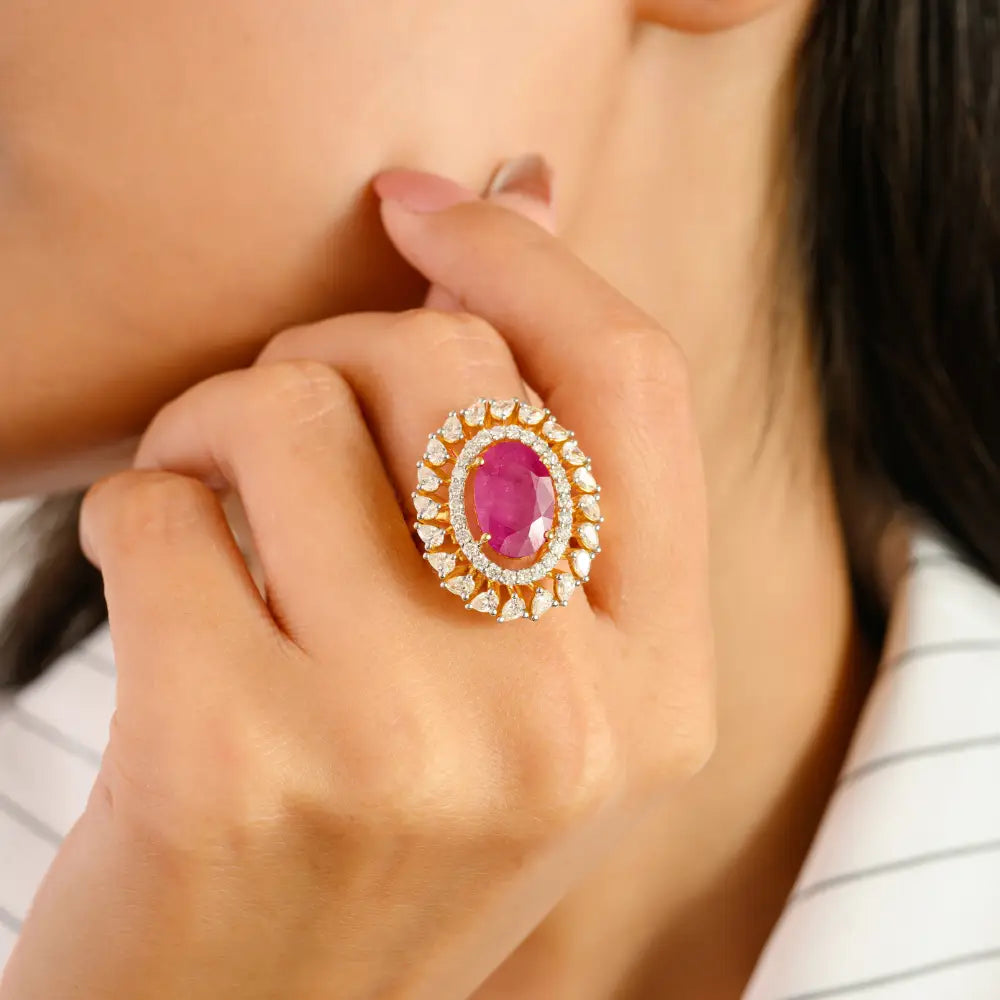 Genuine Ruby & Diamond Solid 14K Yellow Gold Cocktail Ring For Women Party Wear Jewelry