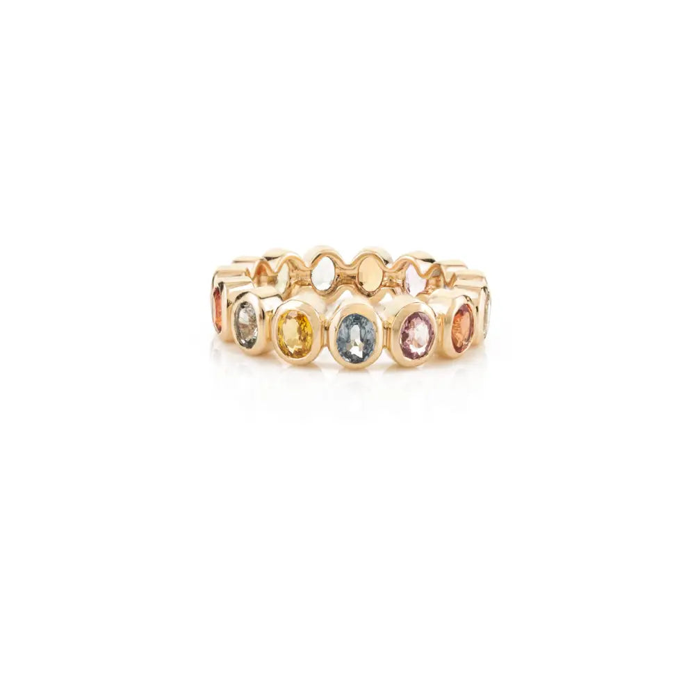 Fine Jewelry 14K Solid Yellow Gold Multi Gemstone Eternity Band Ring