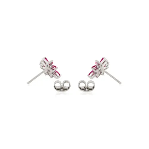 Genuine Ruby & Diamond Floral Motif 925 Sterling Silver Studs Earring Fine Jewelry Accessories For Women