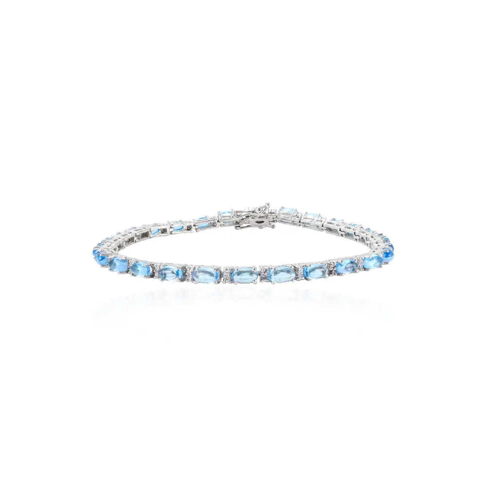 Oval Shape Blue Topaz & Round Cut American Diamond Stackable Tennis Bracelet Set In Solid 925 Silver
