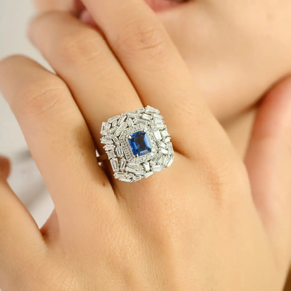 14K White Gold Blue Sapphire & Diamond Statement Ring Luxury Bold Jewelry Manufacturer