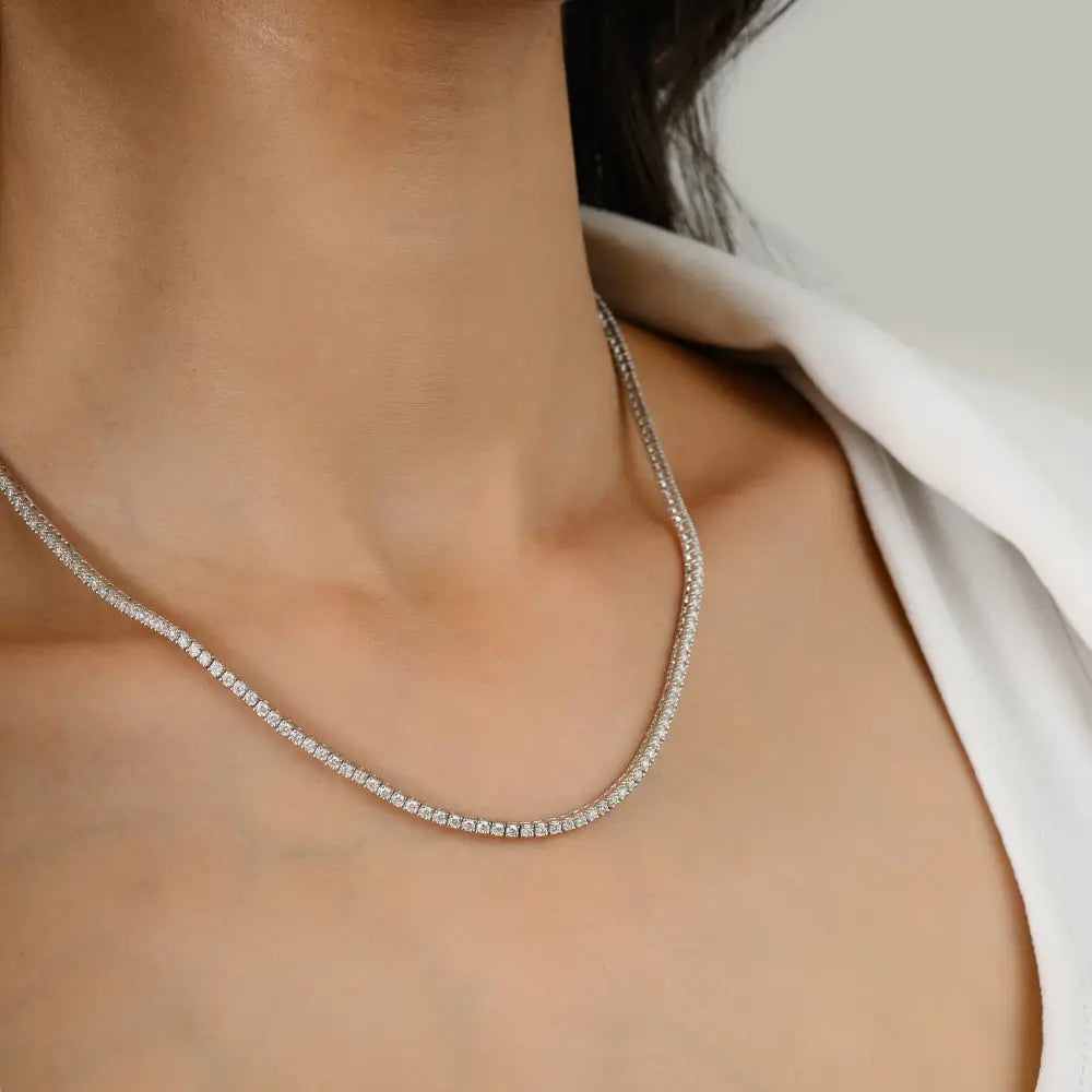 Round Brilliant Cut Diamond Handmade Tennis Necklace Solid 14K White Gold Pave Setting