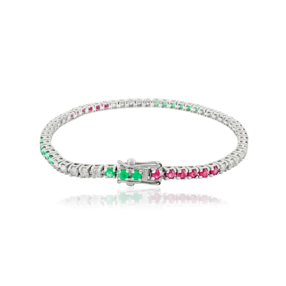 Genuine Emerald Ruby & Diamond Solid 18k White Gold Sleek Tennis Bracelet Fine Jewelry