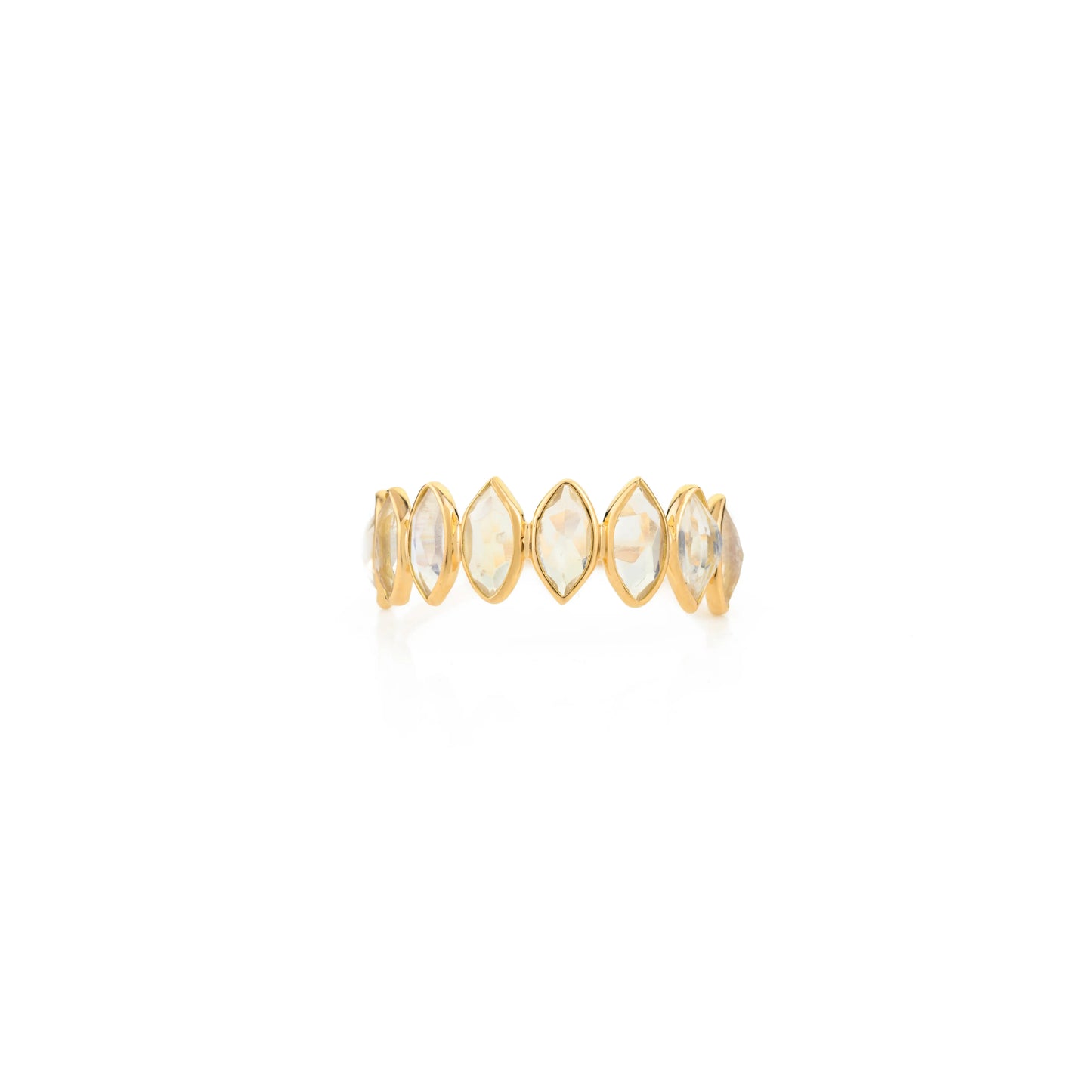 100% Authentic Rainbow Moonstone Marquise Shape 18K Yellow Gold Half Eternity Band Ring