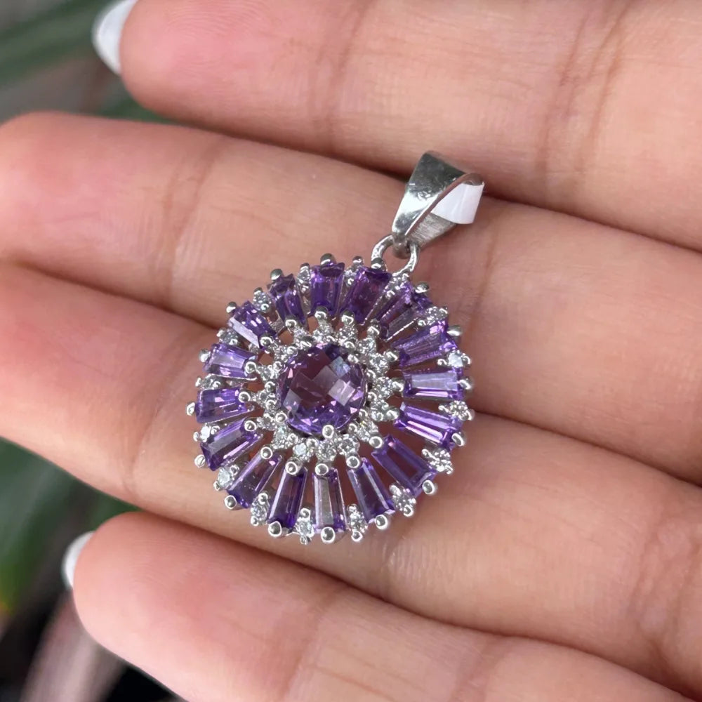 Best Selling Products Natural Purple Amethyst & American Diamond Flower Pendant