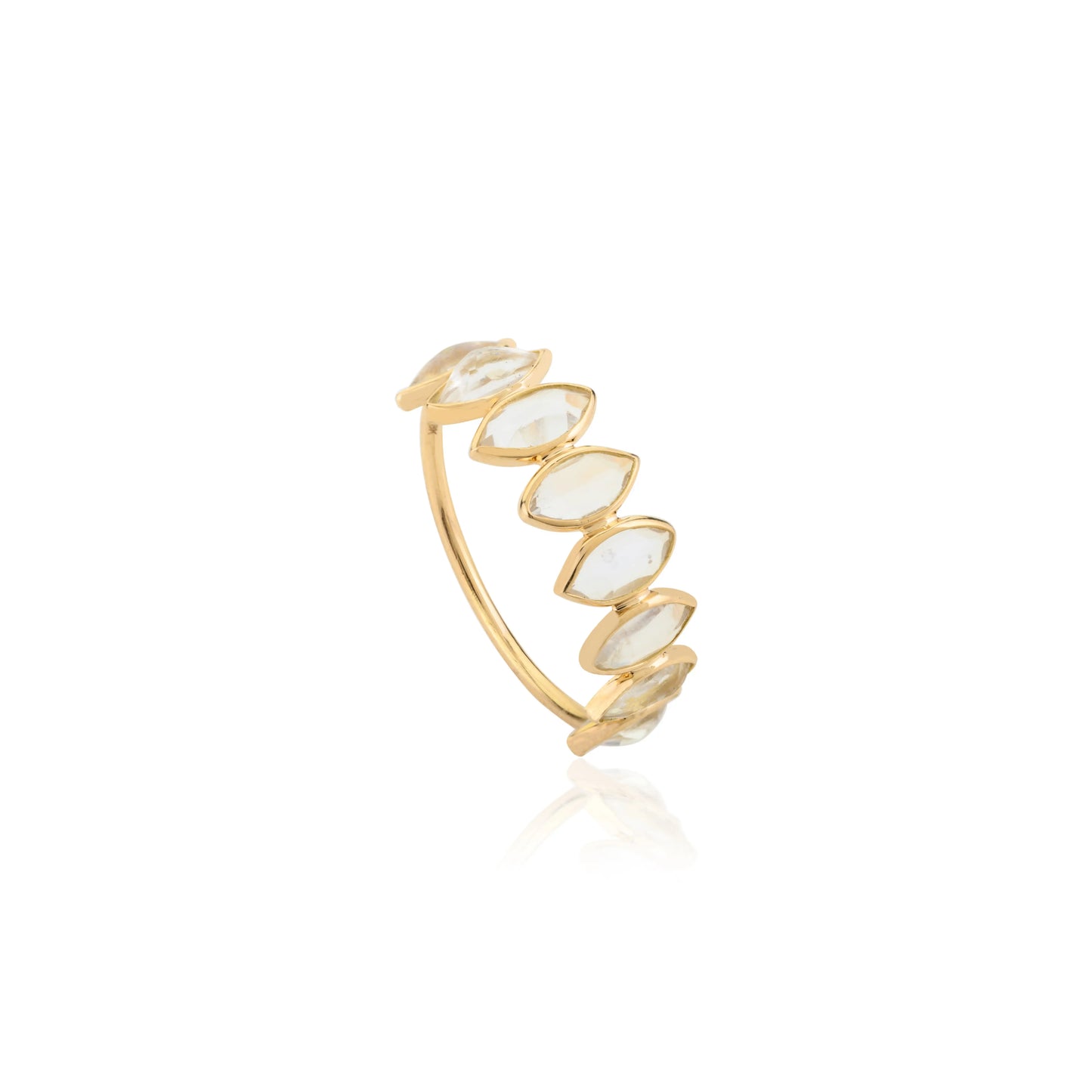 100% Authentic Rainbow Moonstone Marquise Shape 18K Yellow Gold Half Eternity Band Ring