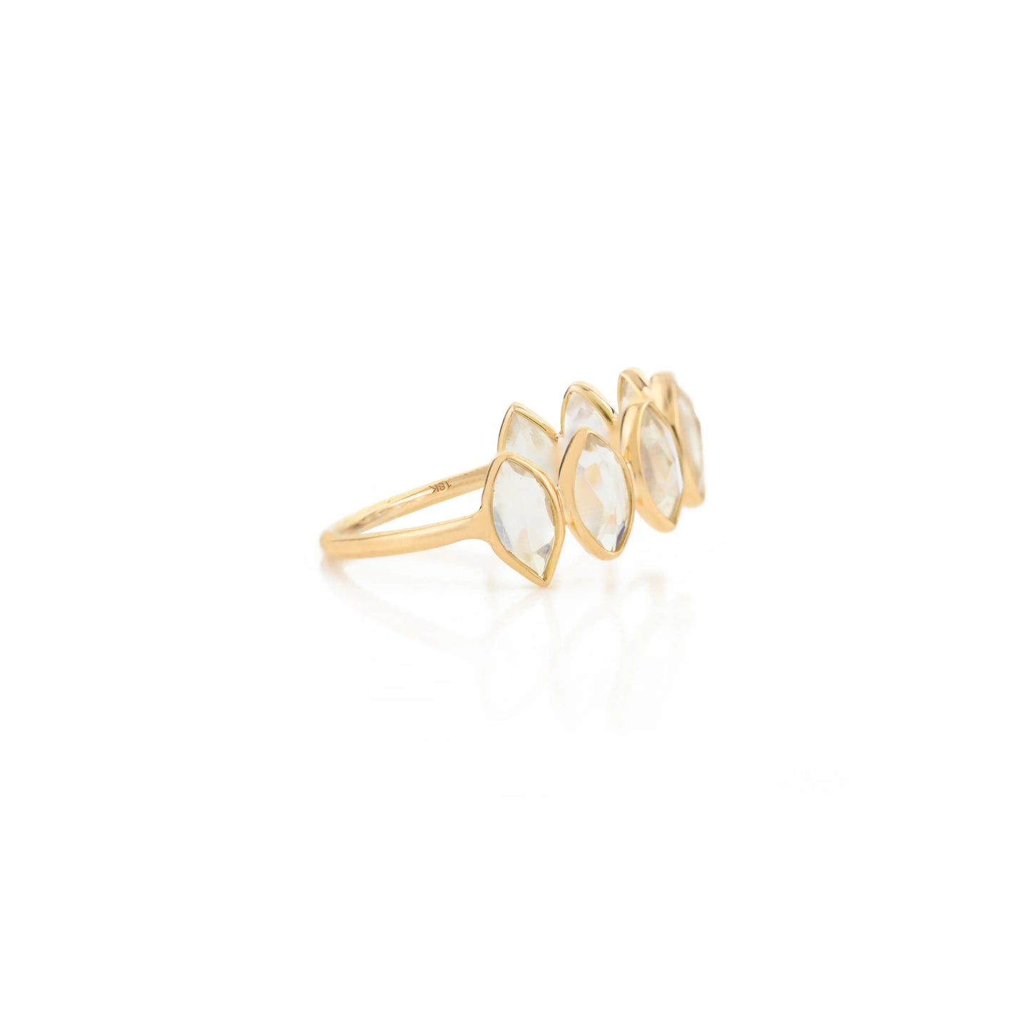 100% Authentic Rainbow Moonstone Marquise Shape 18K Yellow Gold Half Eternity Band Ring