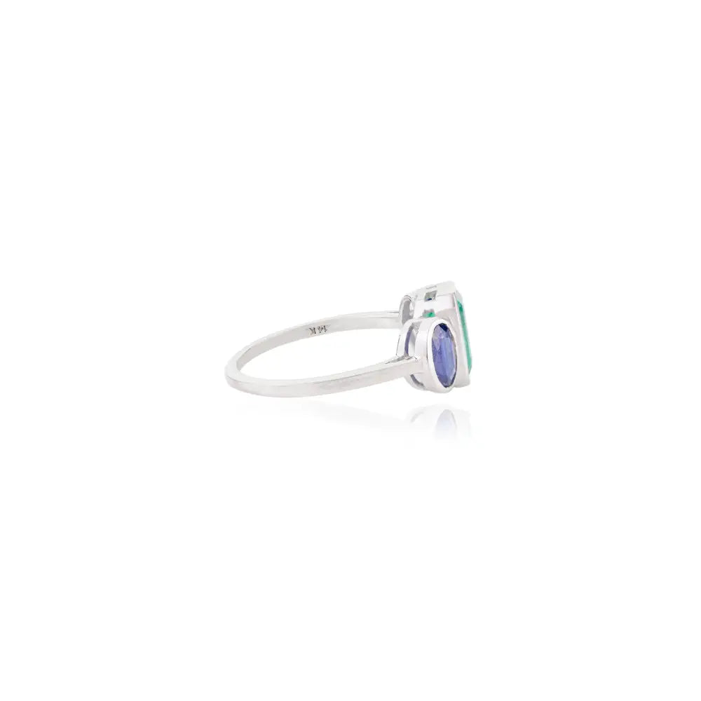 Genuine Blue Sapphire & Emerald Three Stone Ring For Unisex Birthstone Jewelry 14K Gold