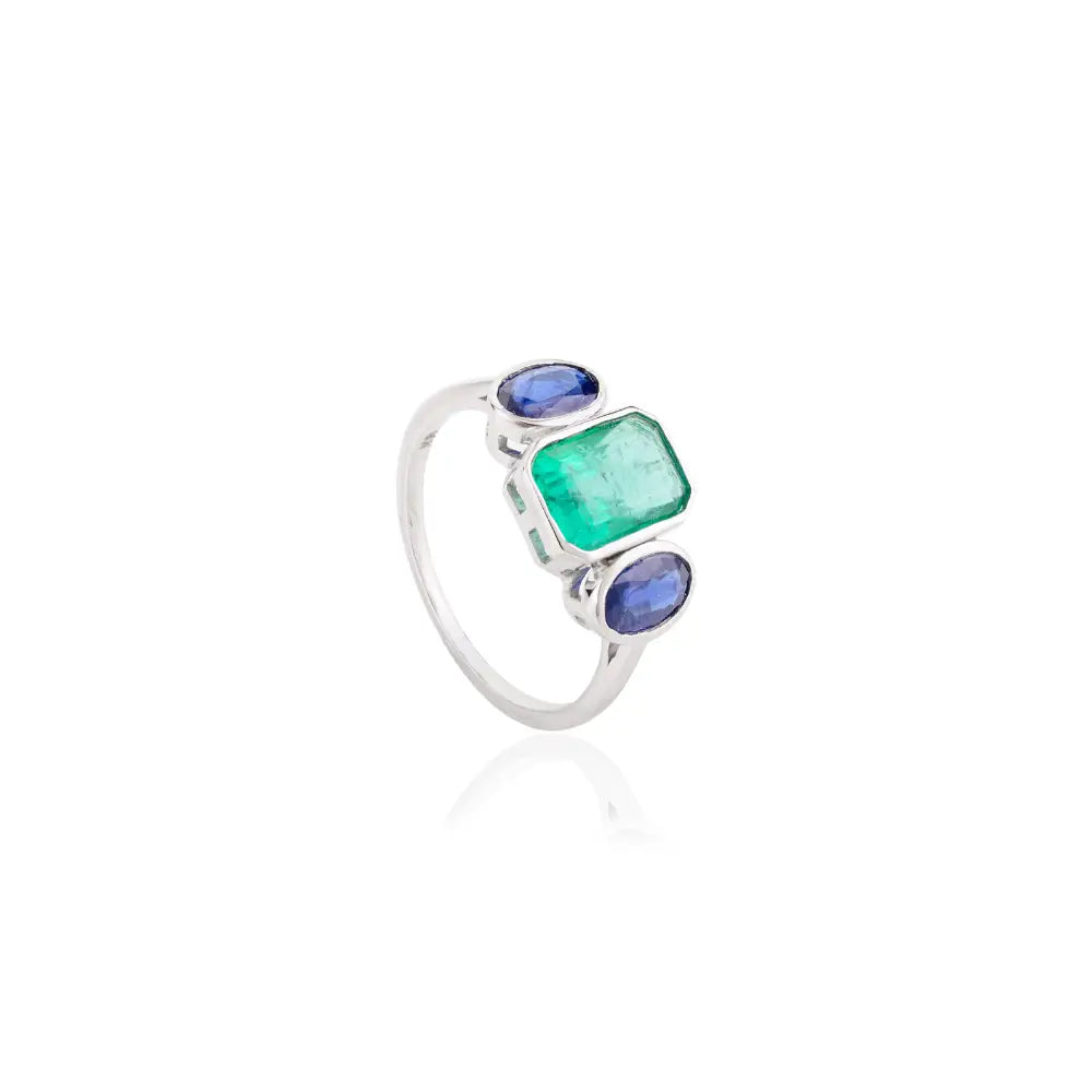 Genuine Blue Sapphire & Emerald Three Stone Ring For Unisex Birthstone Jewelry 14K Gold