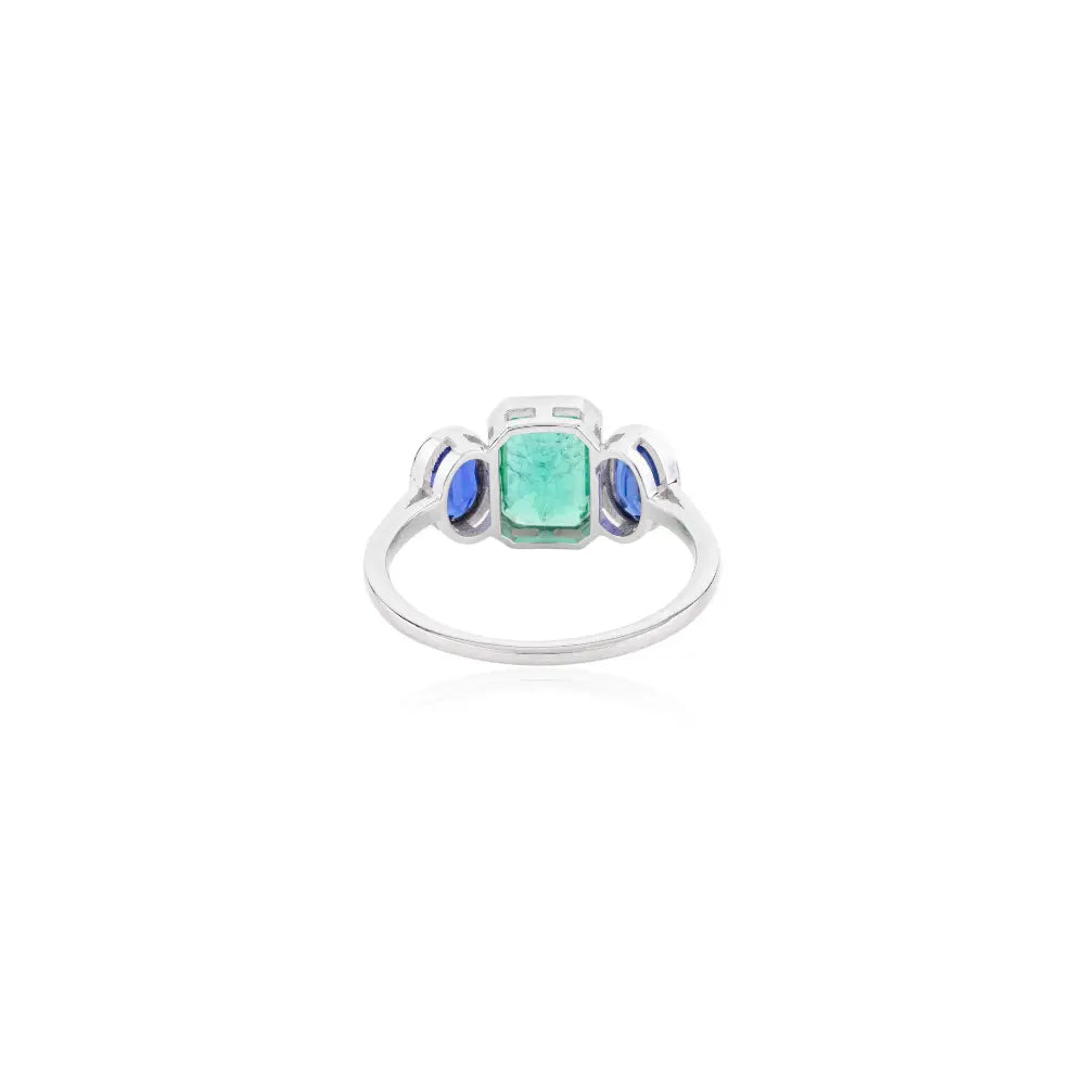 Genuine Blue Sapphire & Emerald Three Stone Ring For Unisex Birthstone Jewelry 14K Gold