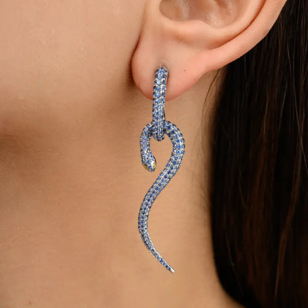 Genuine Round Cut Blue Sapphire Snake Dangle Statement Earrings For Women 18K White Gold