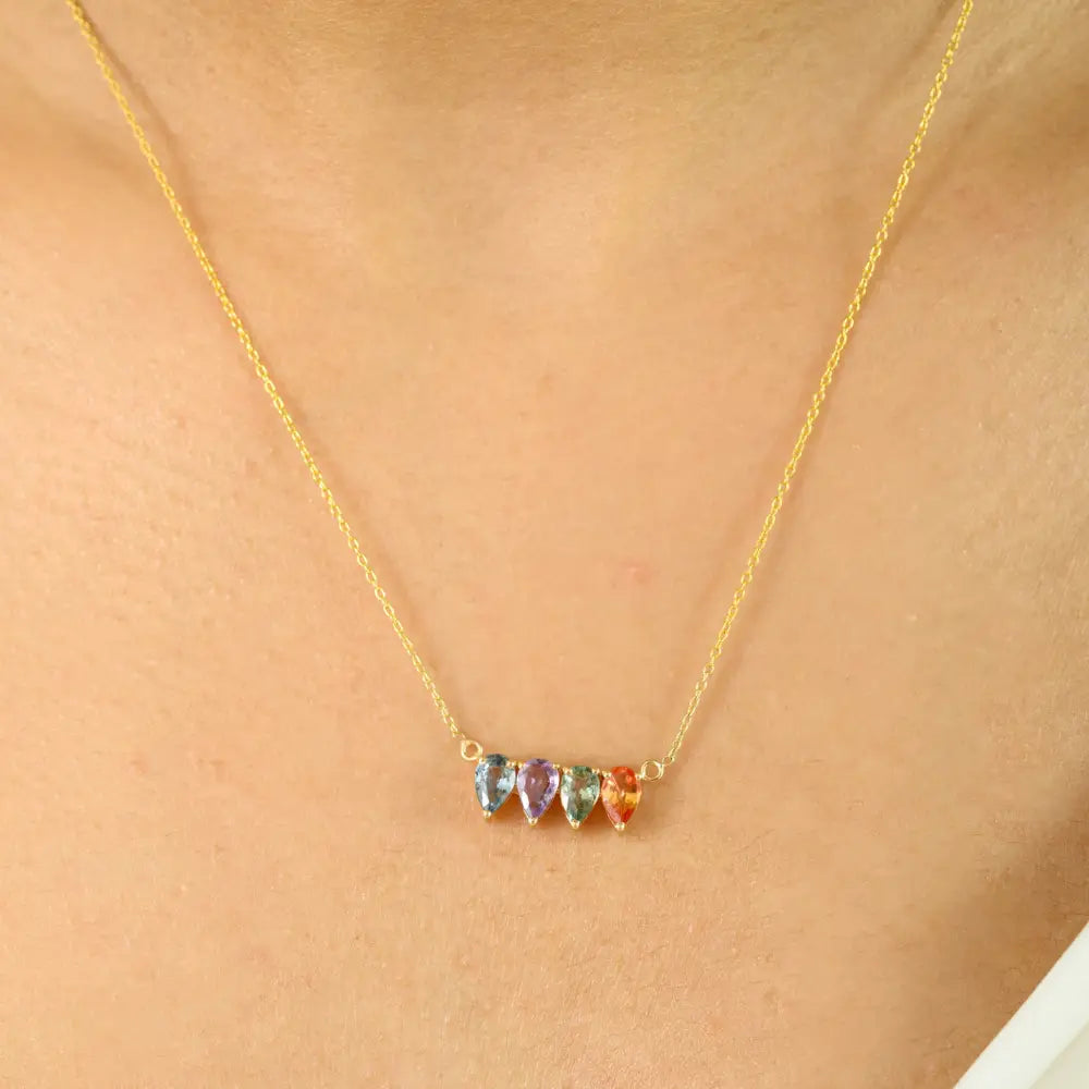 New Design Pear Shape Multi Sapphire Birthstone Pendant Necklace Stacked Jewelry 14K Gold