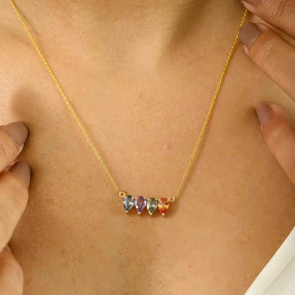 New Design Pear Shape Multi Sapphire Birthstone Pendant Necklace Stacked Jewelry 14K Gold