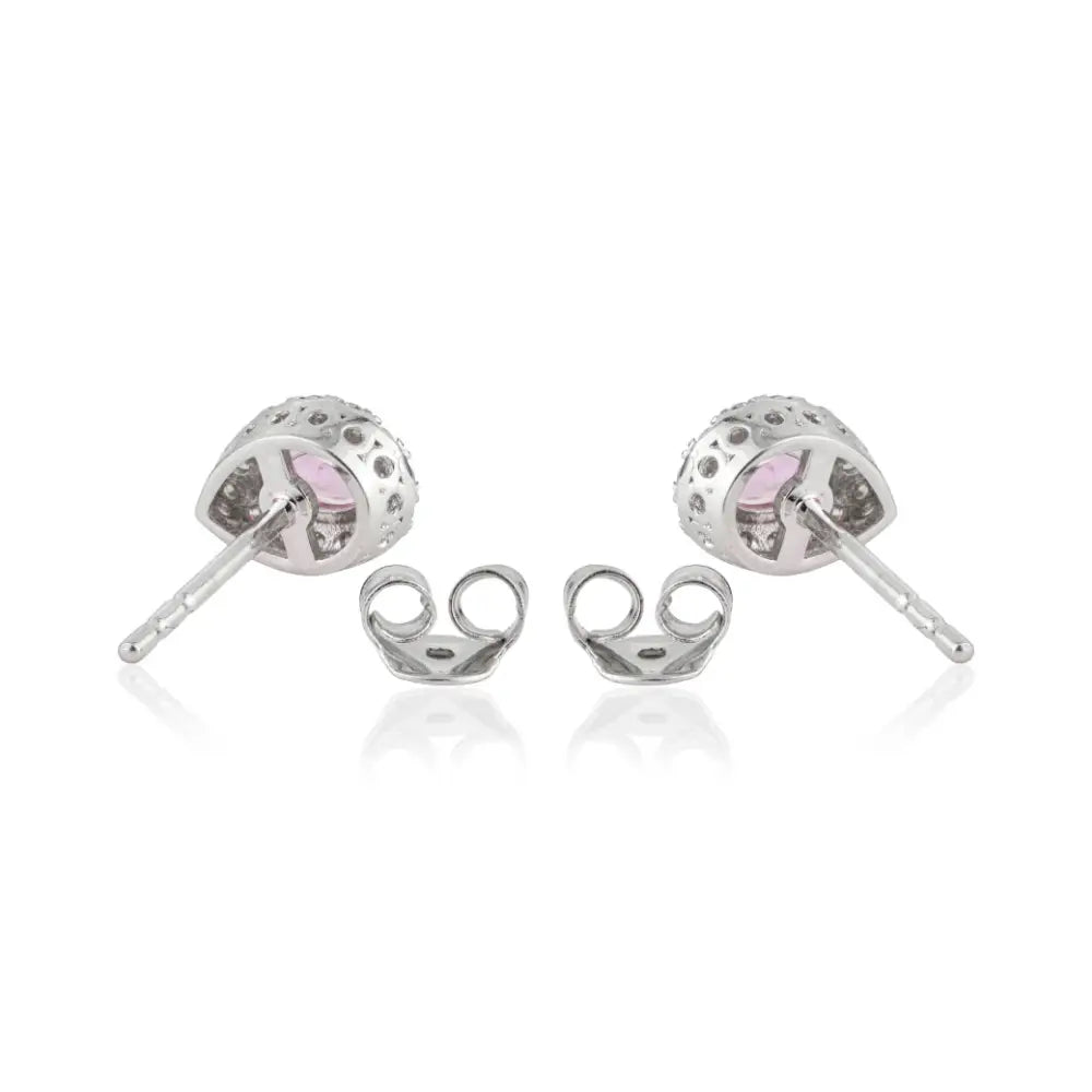 Newly Pink Sapphire & Diamond Solid K18 White Gold Small Halo Stud Earrings Fine Jewelry