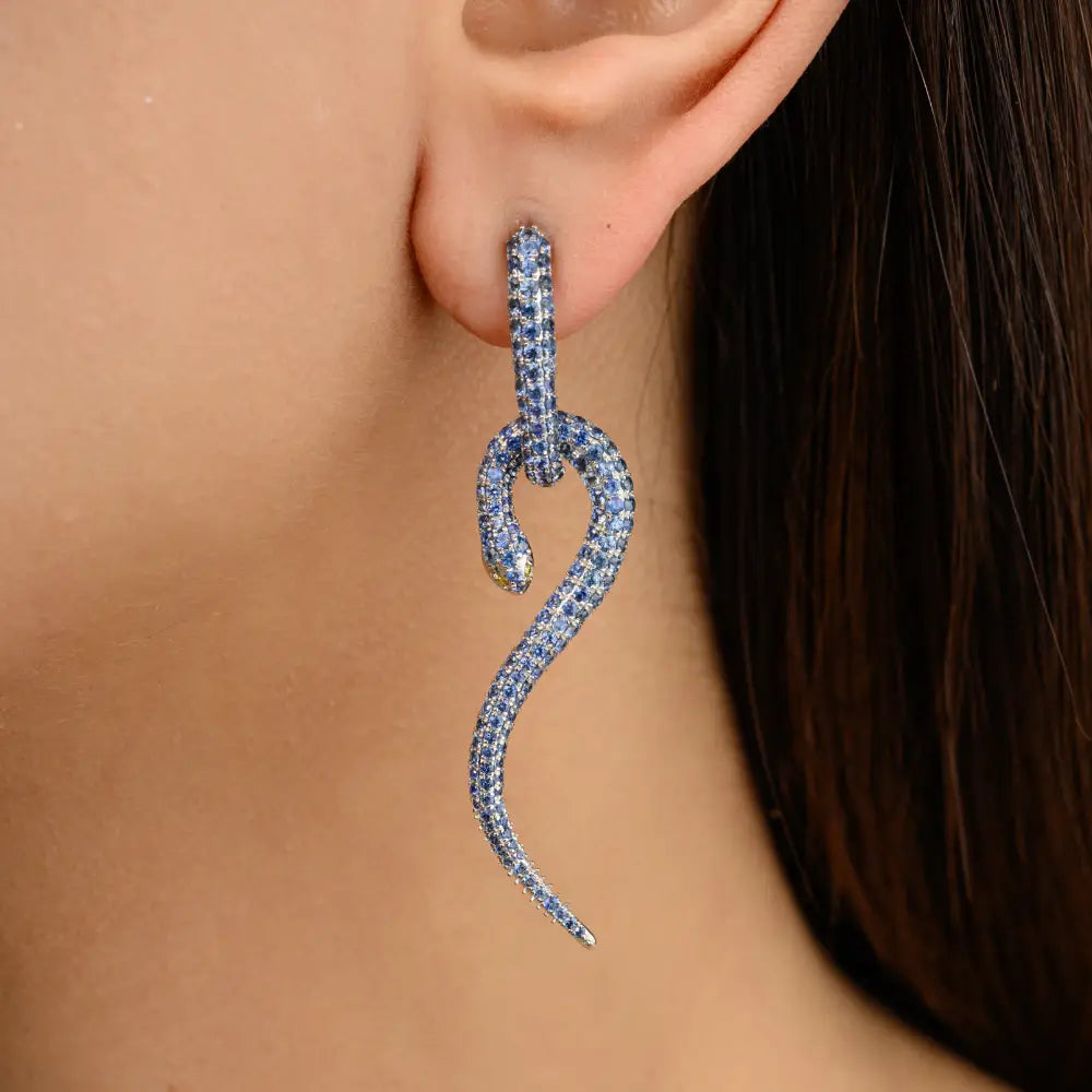 Genuine Round Cut Blue Sapphire Snake Dangle Statement Earrings For Women 18K White Gold