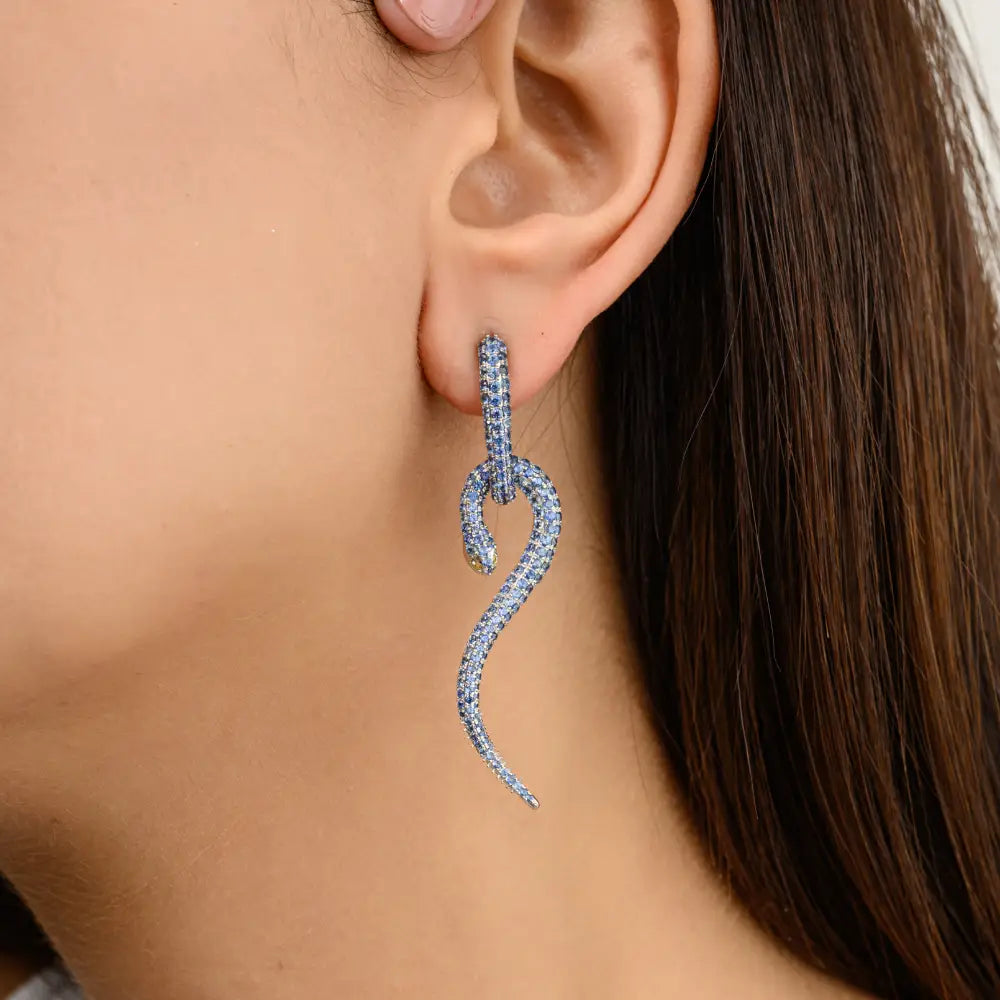 Genuine Round Cut Blue Sapphire Snake Dangle Statement Earrings For Women 18K White Gold